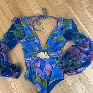 Blue Floral Long Sleeve Swimsuit